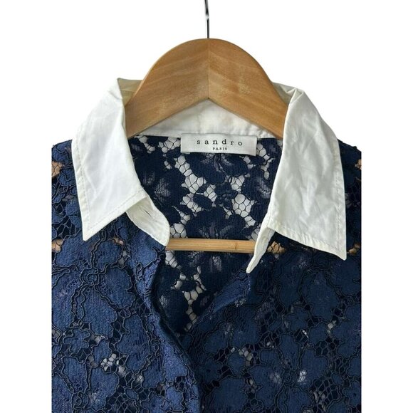 Sandro Paris Top Women's 1 Blue Lace Floral Long Sleeve Button Up Collar Sheer - Picture 13 of 16